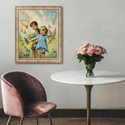«Boy and girl with pigeons» в интерьере в классическом стиле над креслом
