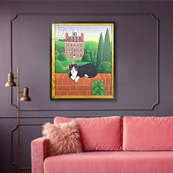 «The Cat on the Wall, 1986» в интерьере гостиной с розовым диваном
