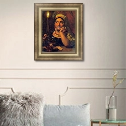 «Ворожея со свечой. 1828» в интерьере гостиной в оливковых тонах