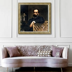 «Portrait of the artist Isaak Ilyich Levitan, 1893» в интерьере гостиной в классическом стиле над диваном