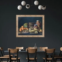 «Натюрморт с апельсинами и орехами» в интерьере столовой с черными стенами