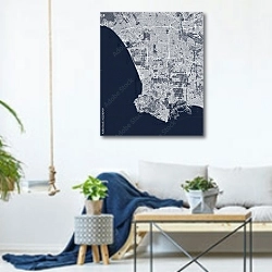 «План города Лос-Анджелес, США, в синем цвете» в интерьере гостиной в скандинавском стиле над диваном