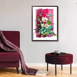 «Три ромашки в траве на розовом мазке» в интерьере гостиной в бордовых тонах