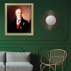 «Portrait of S. Kushnikov, 1828» в интерьере классической гостиной с зеленой стеной над диваном