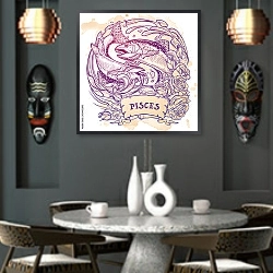 «Знак зодиака Рыбы с декоративной рамкой из роз» в интерьере в этническом стиле над столом
