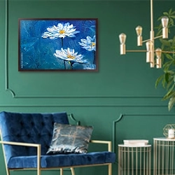 «Белые ромашки на синем фоне» в интерьере в классическом стиле с зеленой стеной