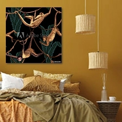 «Висящие обезьяны в джунглях» в интерьере спальни  в этническом стиле в желтых тонах