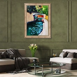«Canal, Sydney Gardens, Bath» в интерьере гостиной в оливковых тонах