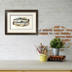 «Short-headed salmon, silvery salmon» в интерьере кабинета с кирпичными стенами над письменным столом