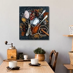 «Соль, перец, пряности и специи на ложках» в интерьере кухни над обеденным столом с кофемолкой