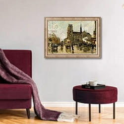 «Notre Dame, Paris,» в интерьере гостиной в бордовых тонах
