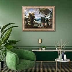 «Пейзаж с рекой и лодками» в интерьере гостиной в зеленых тонах