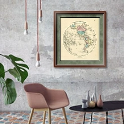 «Карта мира в виде полушарий: западное полушарие, 1855 г. 1» в интерьере в стиле лофт с бетонной стеной