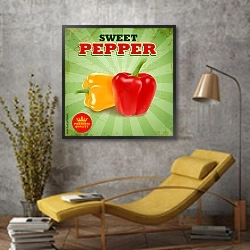«Ретро плакат со сладкими перцами» в интерьере в стиле лофт с желтым креслом