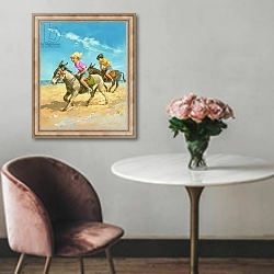 «Boy and girl riding donkeys on the beach» в интерьере в классическом стиле над креслом