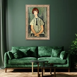 «Young Girl in a Striped Shirt, 1917» в интерьере зеленой гостиной над диваном