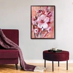 «Ветка цветущего миндаля» в интерьере гостиной в бордовых тонах