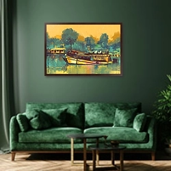 «Лодки на реке» в интерьере зеленой гостиной над диваном