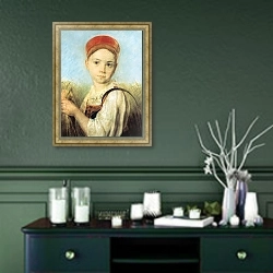 «Крестьянская девушка с серпом во ржи» в интерьере прихожей в зеленых тонах над комодом
