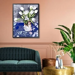 «White Tulips, 1994» в интерьере зеленой гостиной над диваном