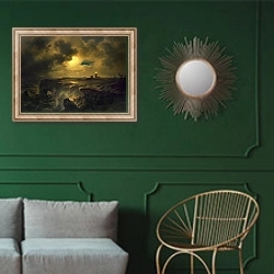 «Helgoland in Moonlight, 1851» в интерьере классической гостиной с зеленой стеной над диваном