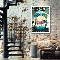 «Калифорния, современный плакат 3» в интерьере двухярусной гостиной в стиле лофт с кирпичной стеной
