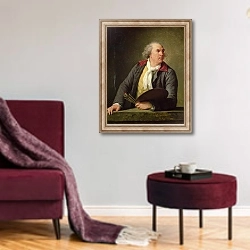 «Portrait of Hubert Robert 1788» в интерьере гостиной в бордовых тонах