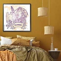 «Знак зодиака Близнецы с декоративной рамкой из роз» в интерьере спальни  в этническом стиле в желтых тонах