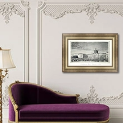 «Вид Нового дворца в Потсдаме 13 июля 1829 года» в интерьере гостиной в оливковых тонах