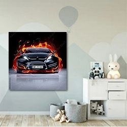 «Огненный спортивный автомобиль» в интерьере детской комнаты для мальчика с росписью на стенах