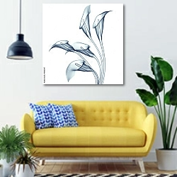 «Рентгеновское изображение цветов Каллы на белом» в интерьере современной гостиной с желтым диваном