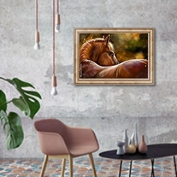 «Изгиб спины рыжей лошади» в интерьере в стиле лофт с кирпичной стеной и синим креслом