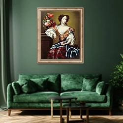 «Mary of Modena, c.1680» в интерьере зеленой гостиной над диваном