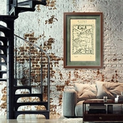 «Карта Великого княжества Московского №4» в интерьере двухярусной гостиной в стиле лофт с кирпичной стеной