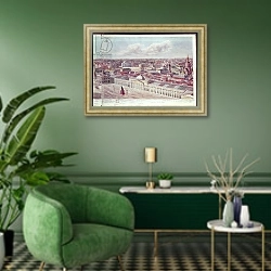 «Panorama of Moscow, depicting the department store 'Gum' and the Bolshoi Theatre in Red Square, 1819» в интерьере гостиной в зеленых тонах