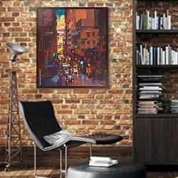 «Городские огни» в интерьере кабинета в стиле лофт с кирпичными стенами
