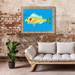 «Fishy Fishy, 2019 1» в интерьере гостиной в стиле лофт над диваном