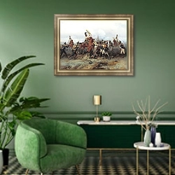 «Подвиг конного полка в сражении при Аустерлице в 1805 году. 1884» в интерьере классической гостиной с зеленой стеной над диваном