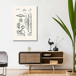 «Патент на саксофон 2, 1937г» в интерьере комнаты в стиле ретро над тумбой