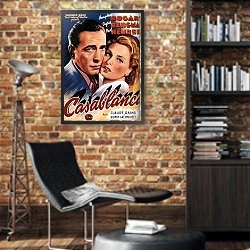 «Poster - Casablanca» в интерьере кабинета в стиле лофт с кирпичными стенами