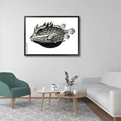 «Ретро-иллюстрация с морской рыбой» в интерьере гостиной в скандинавском стиле с зеленым креслом