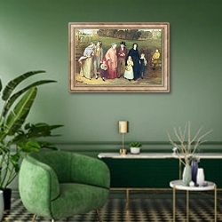 «Sunday Morning - The Walk from Church, 1846» в интерьере гостиной в зеленых тонах