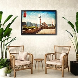 «Китай, Сиань. Древняя городская стена» в интерьере комнаты в стиле ретро с плетеными креслами