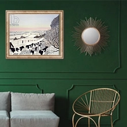 «Friesians in Winter» в интерьере классической гостиной с зеленой стеной над диваном