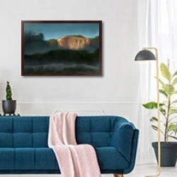 «Домой» в интерьере современной гостиной над синим диваном