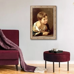 «A Peasant Boy Leaning on a Sill, 1670-80» в интерьере гостиной в бордовых тонах