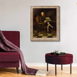 «Isaac Egmont von Chasot at his Desk, 1750» в интерьере гостиной в бордовых тонах