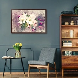 «Состаренное фото с цветущей веткой яблони» в интерьере гостиной в стиле ретро в серых тонах