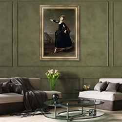«Портрет Н.С. Борщовой. 1776 г» в интерьере гостиной с зеленой стеной над диваном