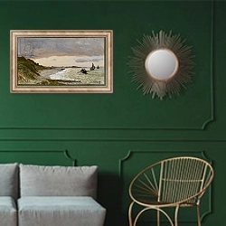 «The Seashore at Sainte-Adresse, 1864» в интерьере классической гостиной с зеленой стеной над диваном